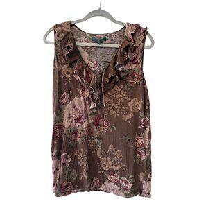 Lauren Ralph Lauren Floral Ruffle Sleeveless Top 1X Cotton Brown & Pink